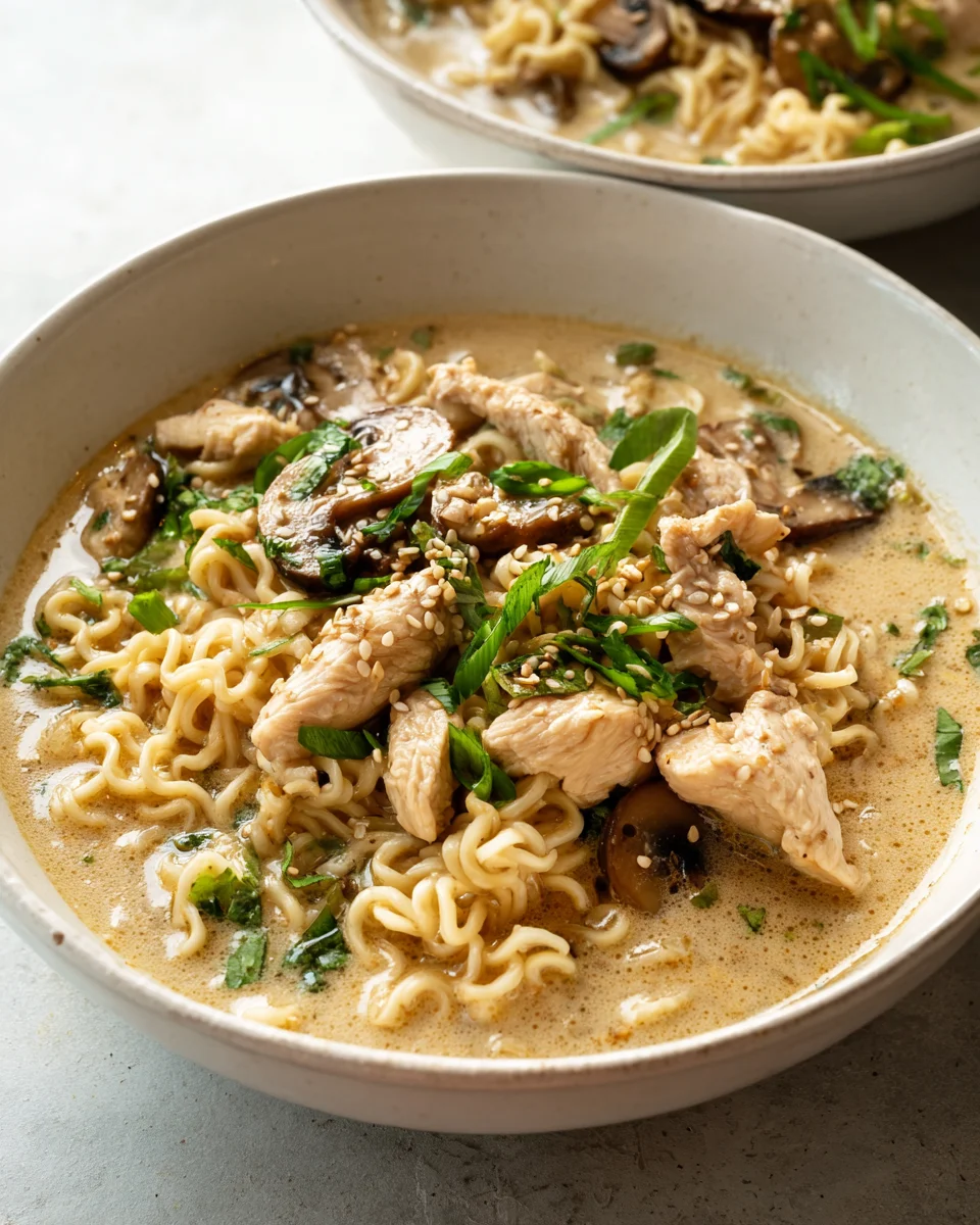 Cremige Knoblauch Hähnchen Ramen mit Pilzen – Schnell & Lecker!