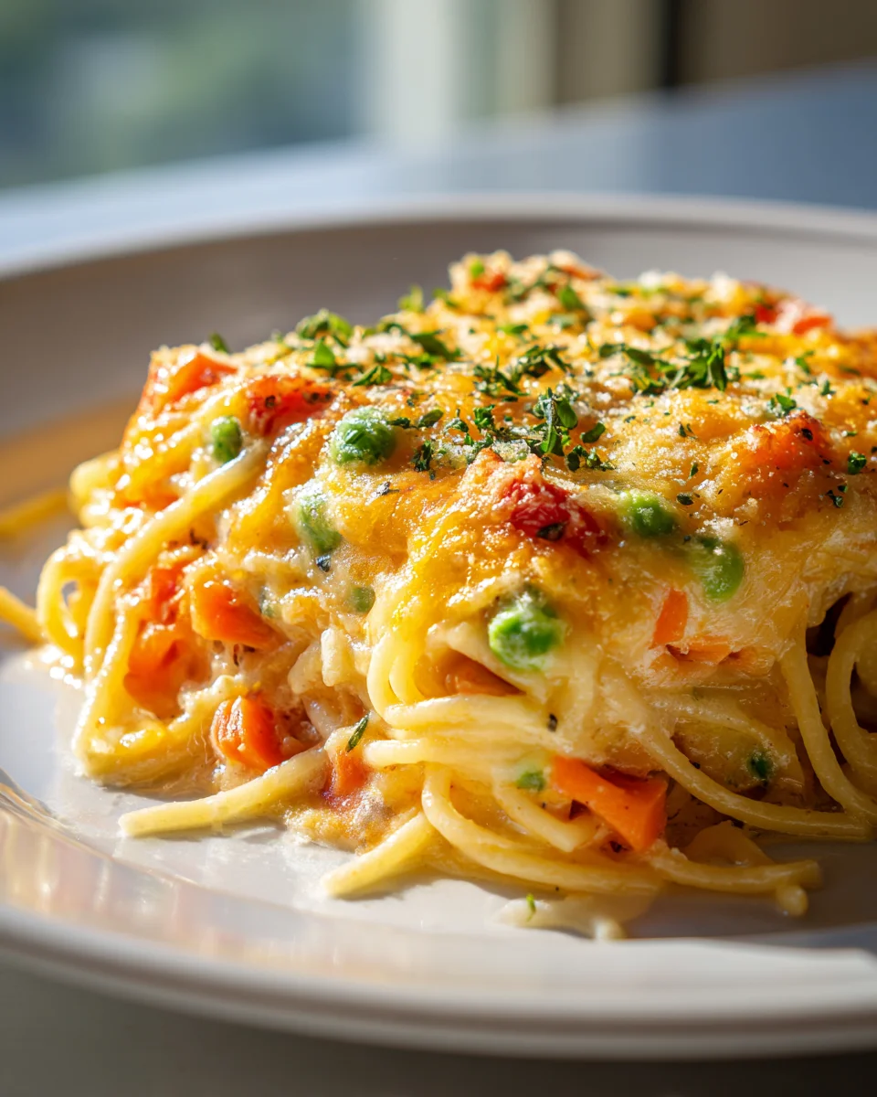 Leckere Spaghetti Auflauf mit Gemüse und Käse überbacken!
