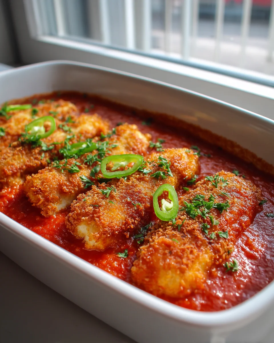 Scharfer Fischstäbchen Auflauf mit Tomatensauce genießen!